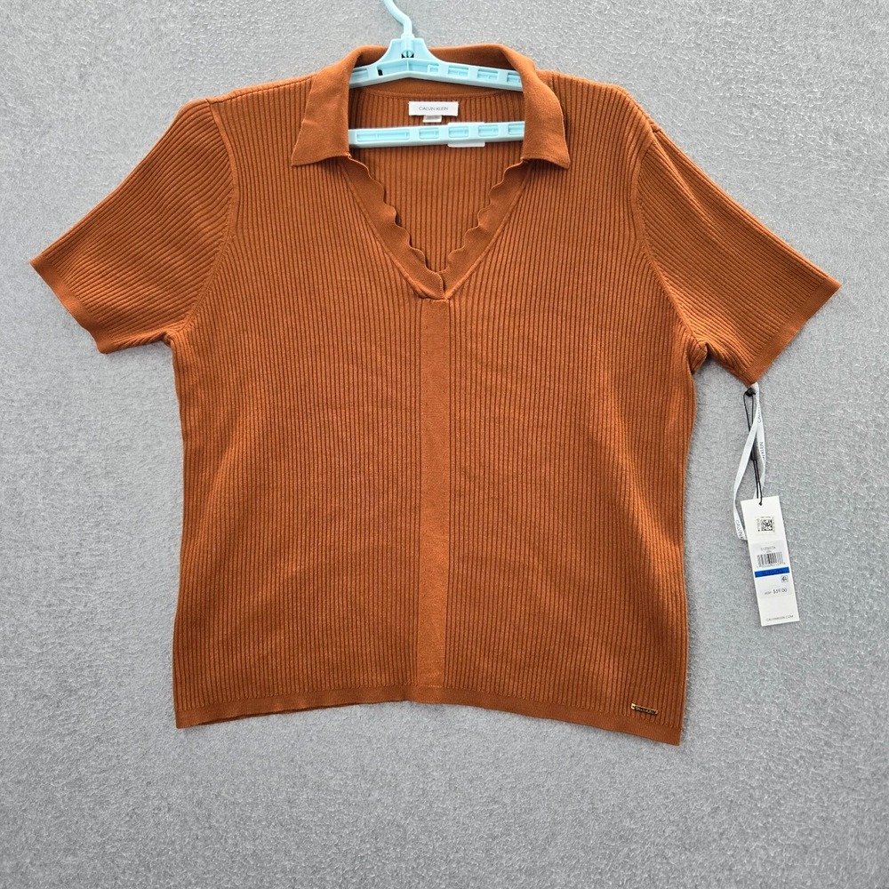 Calvin Klein Women Sweater XL Brown Ribbed Short Sleeve Collar‎ NWT